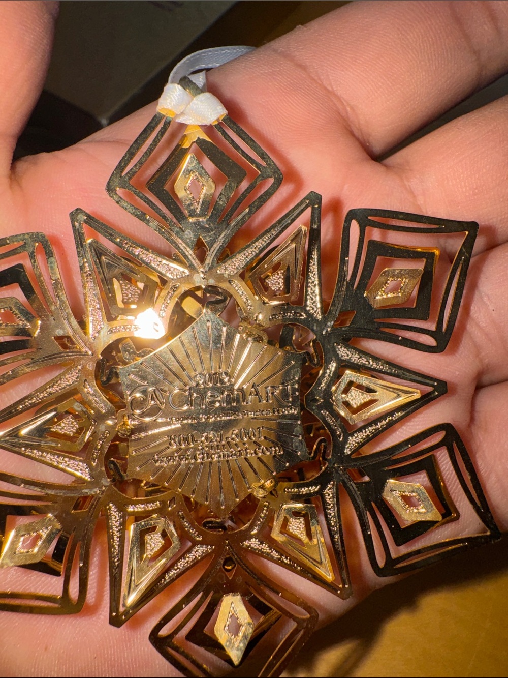 2 gold-finished decorative metal snowflake or floral ornaments made by ChemArt - Picture 6 of 15
